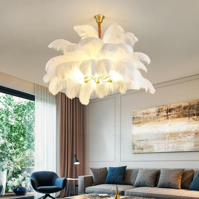 Modern Ostrich Feather 6-Light Brass Chandeliers