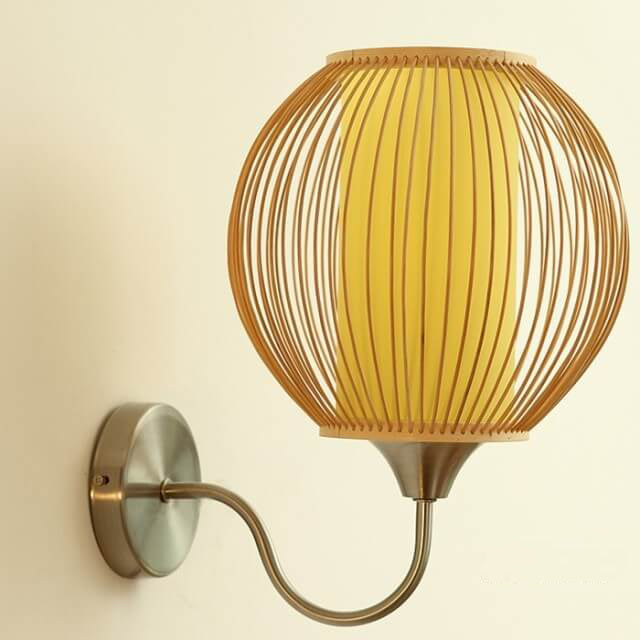 Bamboo Weaving Globe Shade Metal Curved Arm 1-Light Wall Sconce Lamp