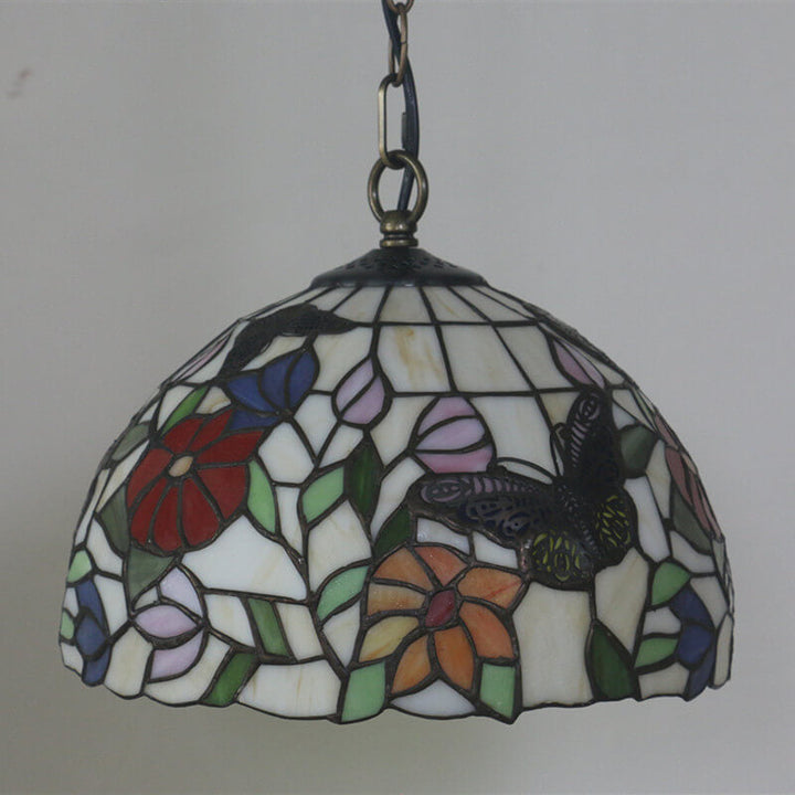 Tiffany Europäischer Schmetterling Blumen Buntglas Pendelleuchte 