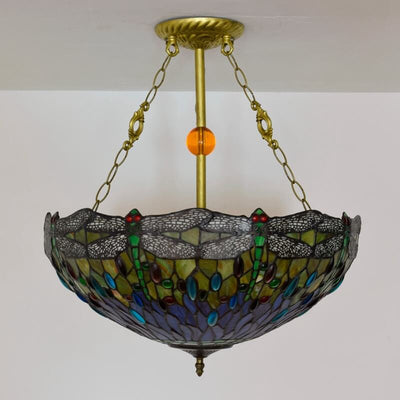 Vintage Tiffany Dragonfly Stained Glass 3-Light Chandelier