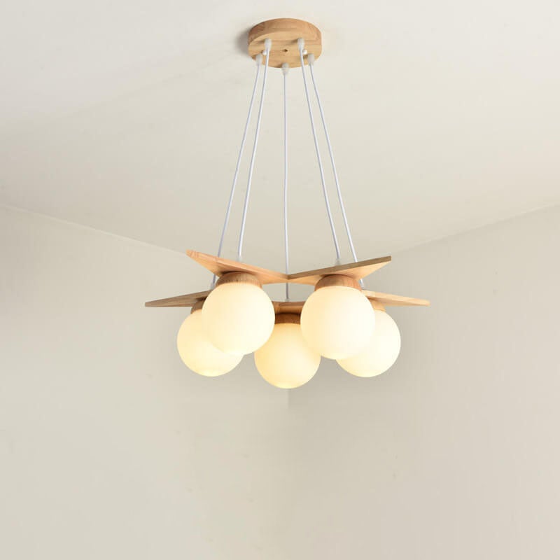 Modern Solid Wood Frosted Glass Ball 3/5 Light Chandelier