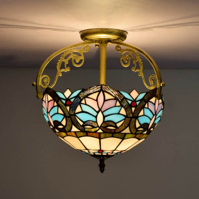 Tiffany Mediterranean Blue Stained Glass 2-Light Semi-Flush Mount Ceiling Light