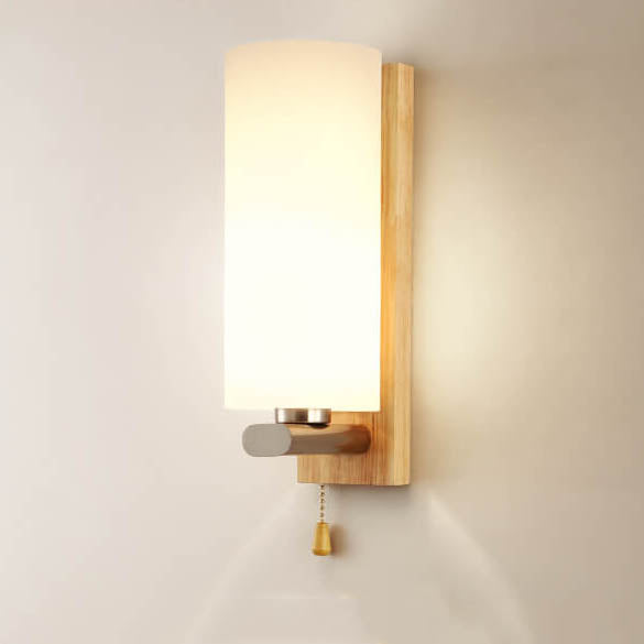 Nordic Wooden Glass Cylindrical 1-Light Wall Sconce Lamp
