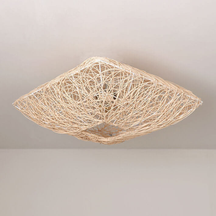 Modern Rattan Weaving Nest Square Shape 3-Light Flush Mount Ceiling Light