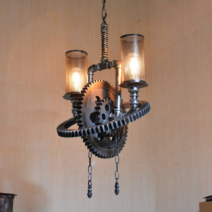 Industrieller Vintage Kronleuchter aus Eisen in Zahnradform mit 2 Leuchten 