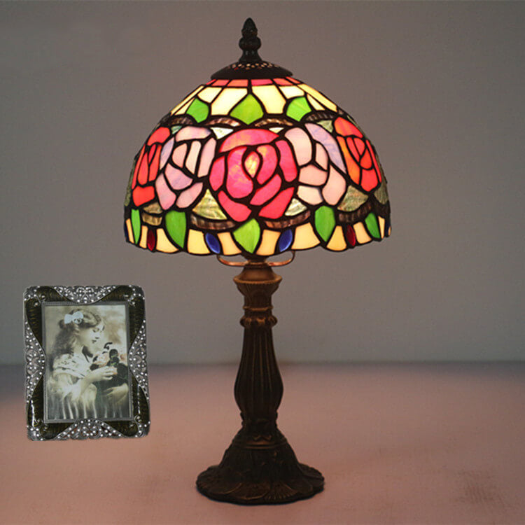 Retro Tiffany Flowering Rose Stained Glass 1-Light Table Lamp