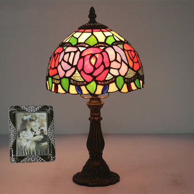 Retro Tiffany Flowering Rose Stained Glass 1-Light Table Lamp