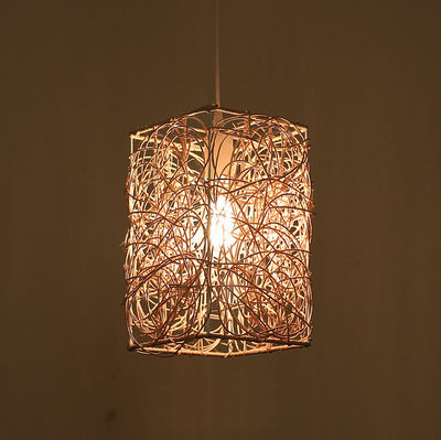 Vintage Rattan Weaving Square Shape 1-Light Pendant Light