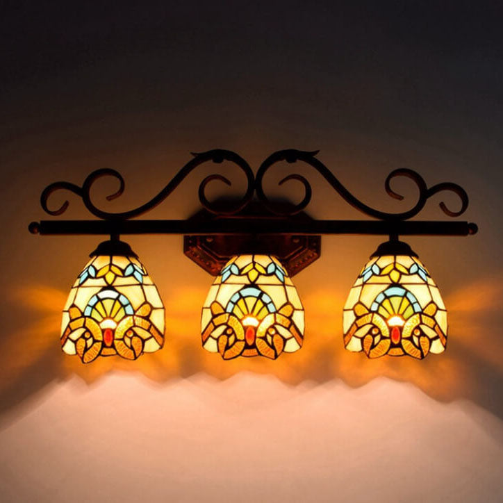 Vintage Tiffany Baroque Stained Glass 3-Light Wall Sconce Lamp