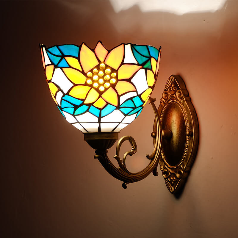 Tiffany Sunflower Stained  Glass Bowl Shade 1-Light Wall Sconce Lamp