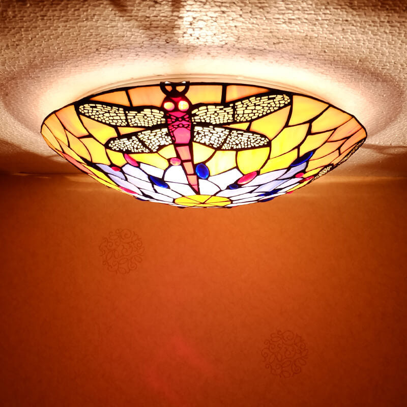 Luz de techo empotrada de vidrio con libélula naranja Tiffany europea 2/3 luces 