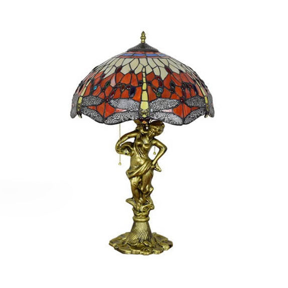 Lámpara de Mesa con Cremallera de 3 Luces de Vidrio Tiffany Libélula Roja 