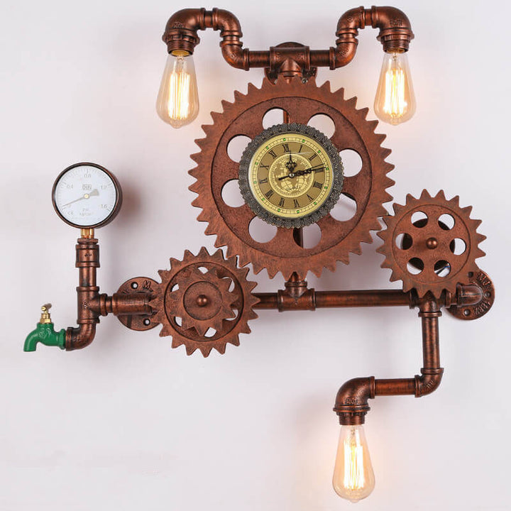 Vintage Industrielle Zahnrad Wasserrohr Uhr 3-Licht Wandleuchte 
