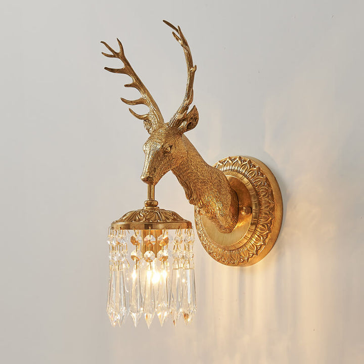 Aplique de pared de 1 luz de cristal de latón con cabeza de ciervo de lujo vintage 