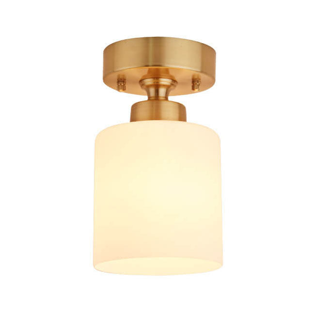 Modern White Glass Cylinder Brass 1-Light Semi-Flush Mount Ceiling Light