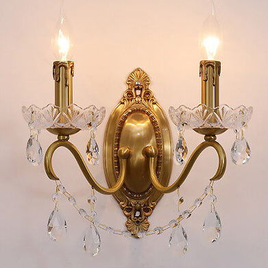 French Vintage Brass Crystal Candle Shade 1/2 Light Wall Sconce