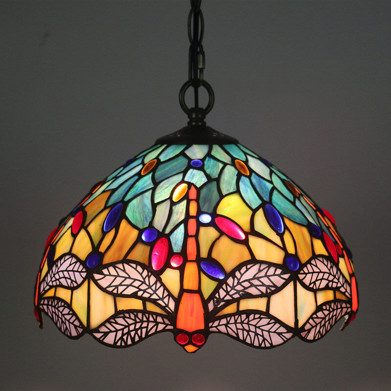 Lámpara colgante de 1 luz con pantalla de vidrio Tiffany Retro Dome Dragonfly 