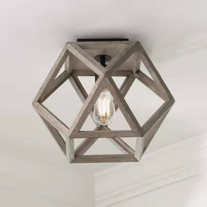 Lámpara de techo semiempotrada de 1 luz con jaula de madera envejecida vintage 