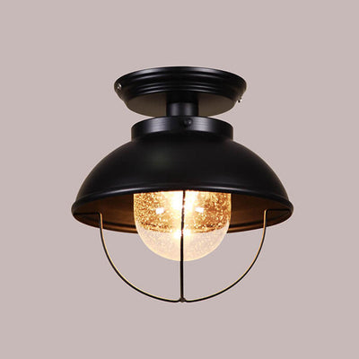 Industrial Balcony Iron Dome Glass Shade 1-Light Semi-Flush Mount Ceiling Light