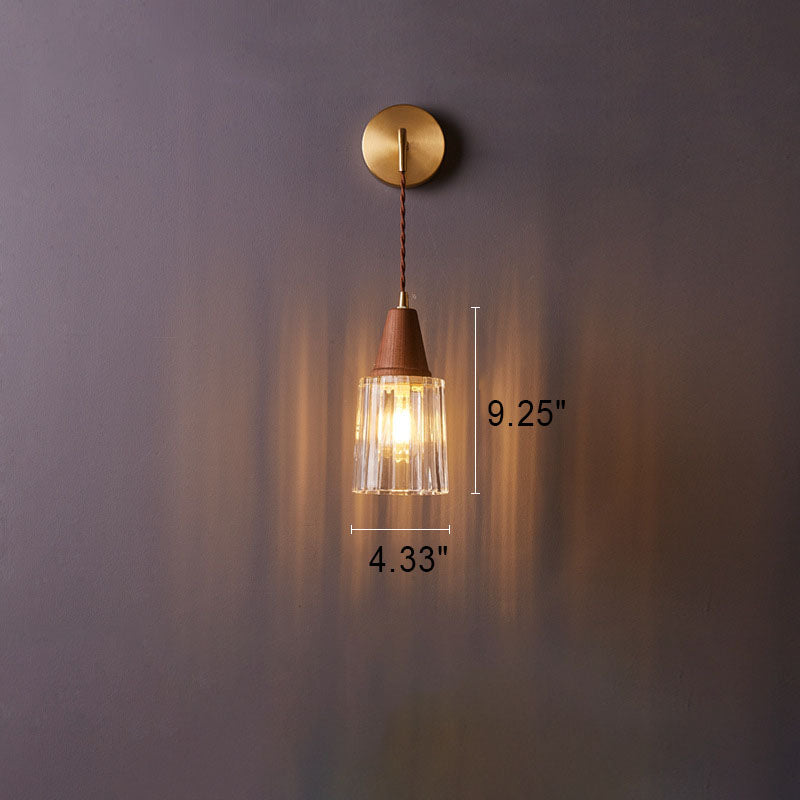 Japanese Walnut Glass  Copper Cylinder 1-Light Wall Sconce Lamp