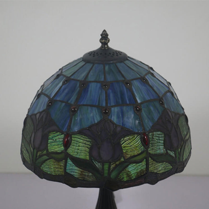 European Vintage Tulip Stained Glass Dome 1-Light Table Lamp