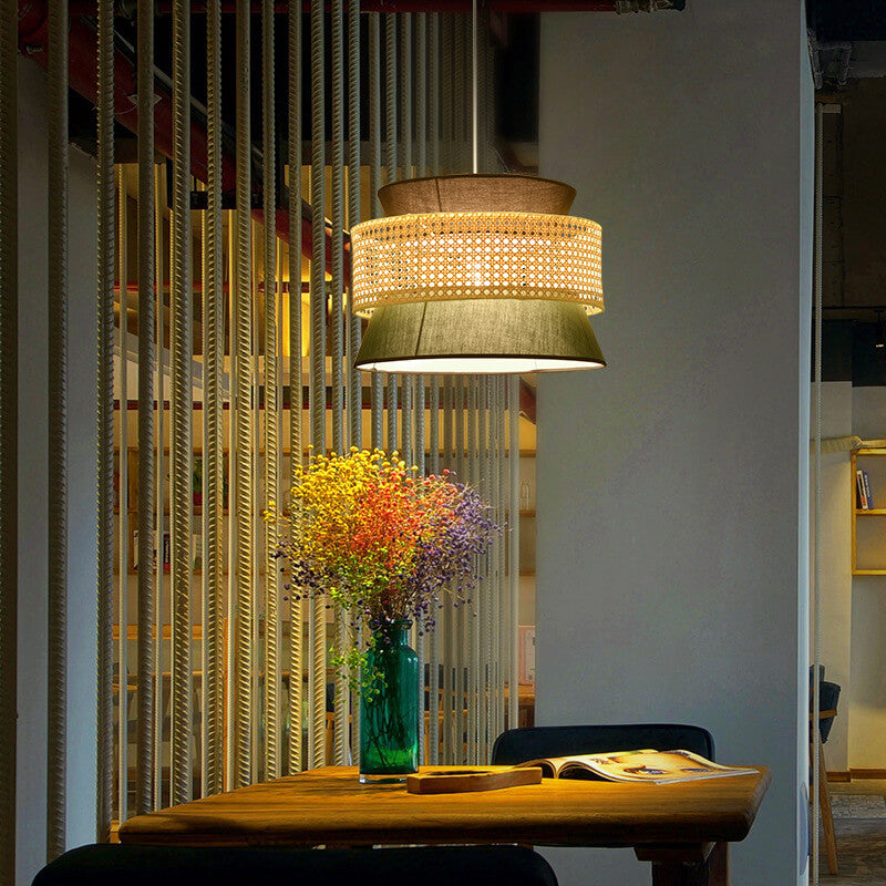 Suspension Luminaire Moderne en Rotin Japonais en Forme de Tambour à 1 Lumière 