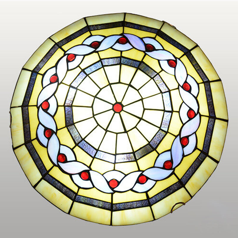 European Tiffany Round Flower Stained Glass 2/3 Light Flush Mount Ceiling Light