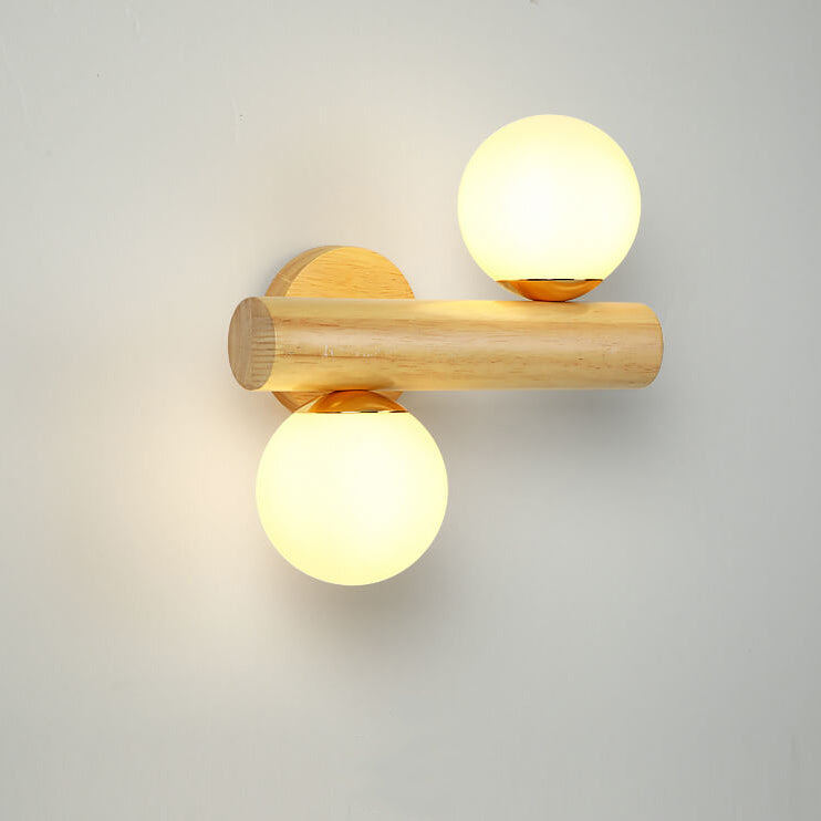 Modern Log Wood Double Glass Globe 2-Light Wall Sconce Lamp