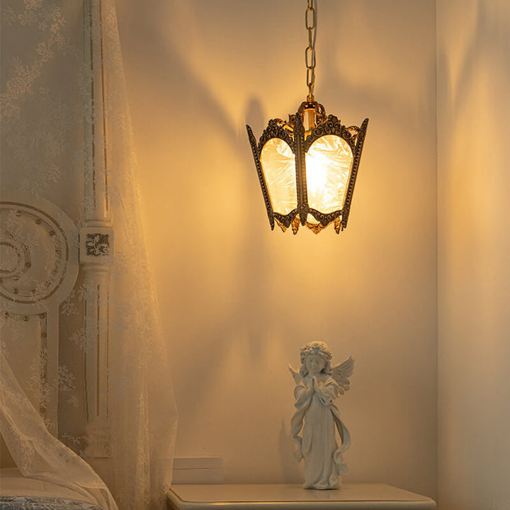 Lámpara colgante de 1 luz de vidrio de flor de hielo de latón vintage 