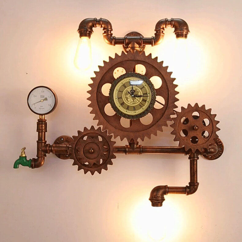 Vintage Industrielle Zahnrad Wasserrohr Uhr 3-Licht Wandleuchte 