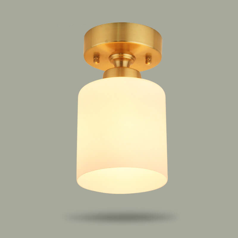 Modern White Glass Cylinder Brass 1-Light Semi-Flush Mount Ceiling Light