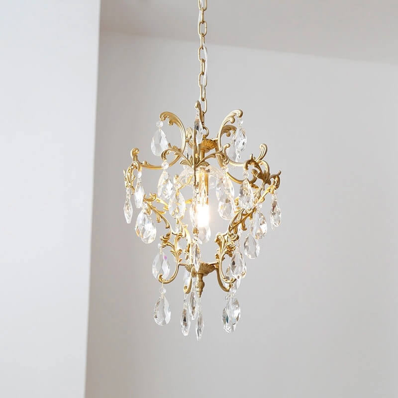 Lámpara colgante elegante de 1 luz de cristal de latón vintage francés 