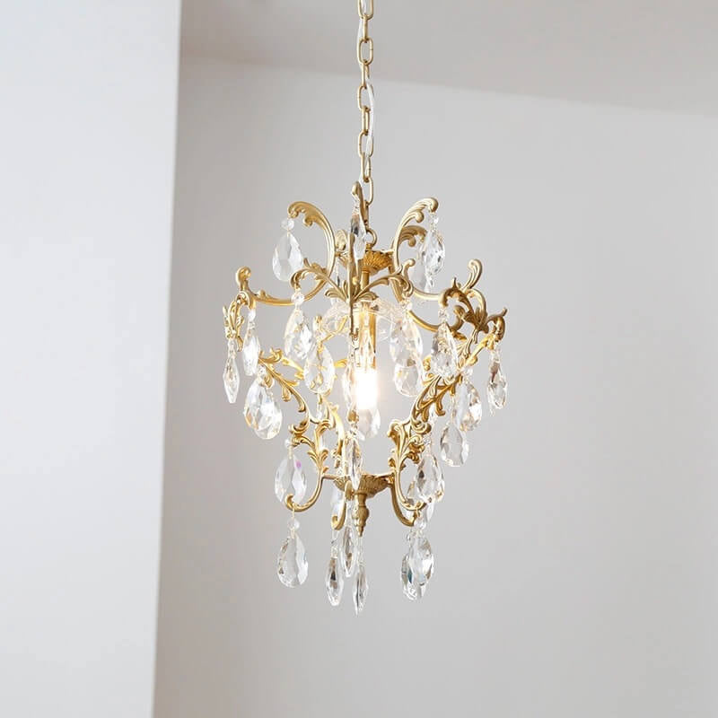 French Vintage Brass Crystal Elegant 1-Light Pendant Light