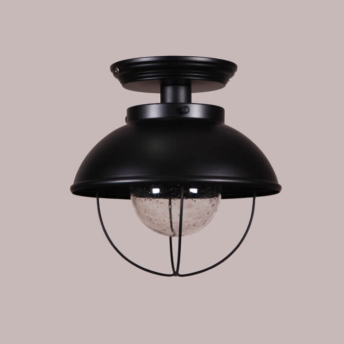 Industrial Balcony Iron Dome Glass Shade 1-Light Semi-Flush Mount Ceiling Light