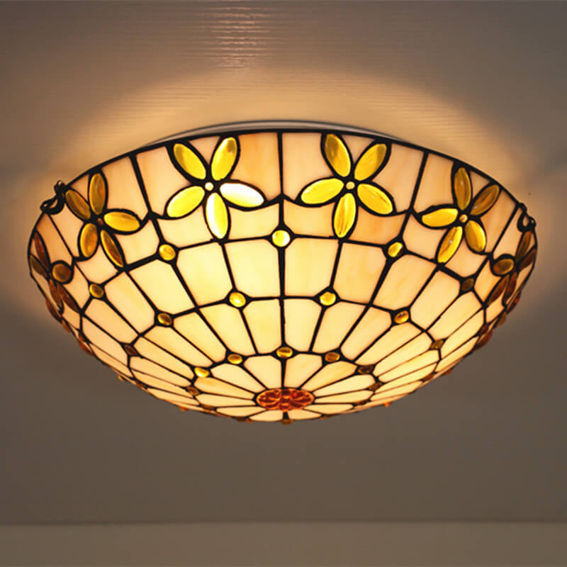 Tiffany Vidriera Flor Lila Forma de Cuenco 3/4 Luz de Montaje al Ras en Techo 