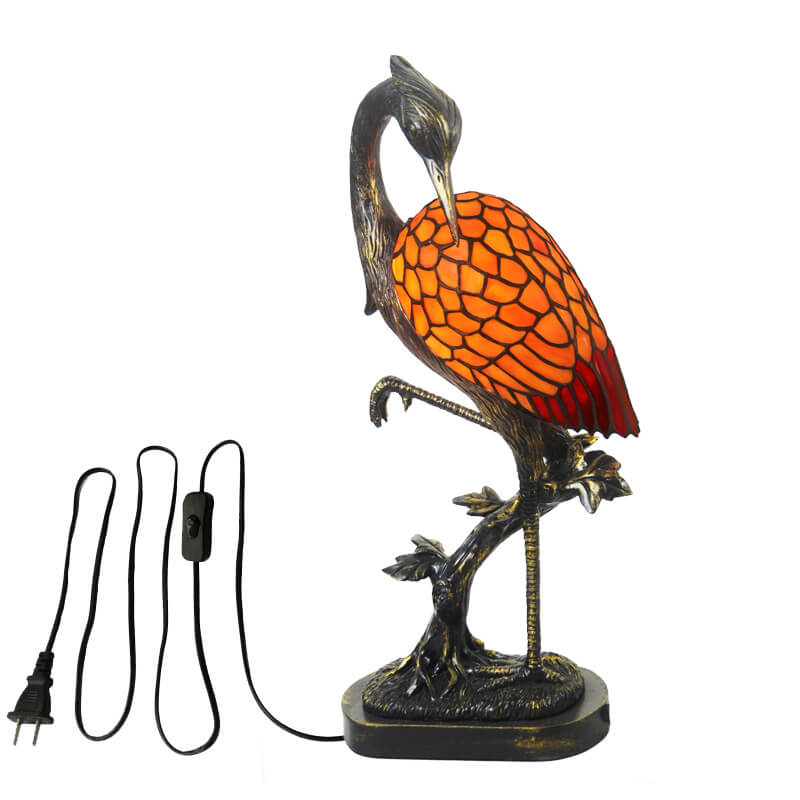 Vintage Tiffany Crane 1-Light Stained Glass Table Lamp