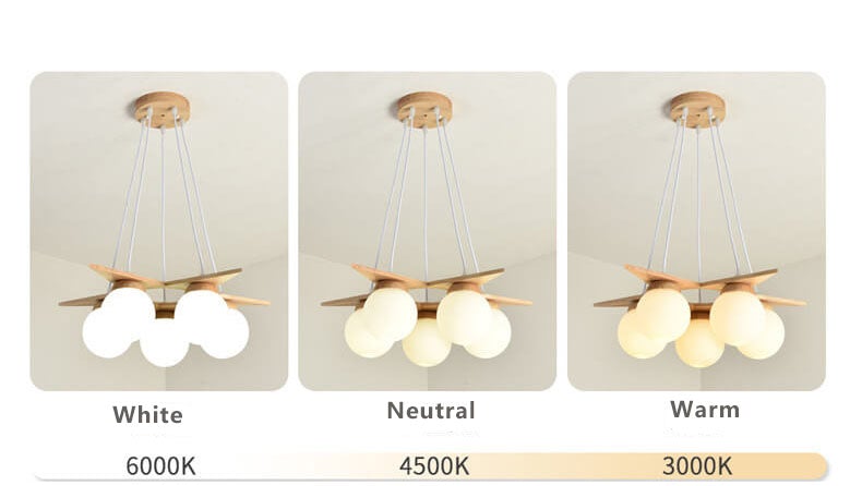 Moderner Massivholz-Milchglaskugel-Kronleuchter mit 3/5-Licht 