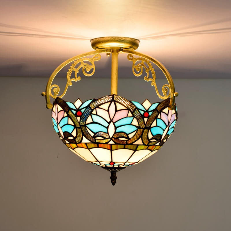 Tiffany Mediterranean Blue Stained Glass 2-Light Semi-Flush Mount Ceiling Light