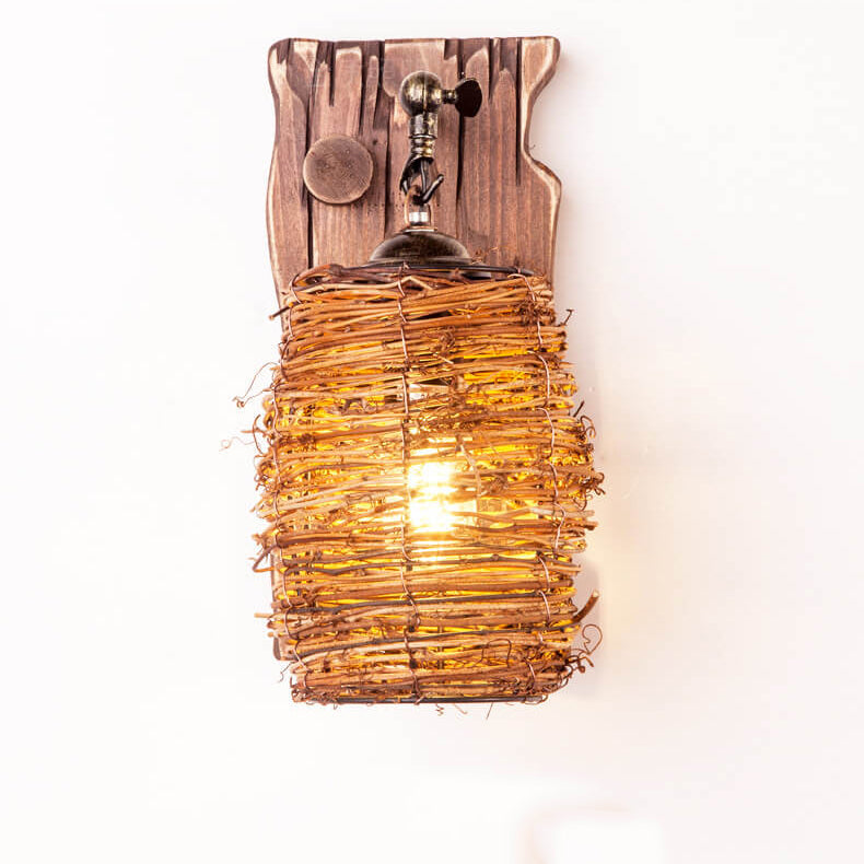 Vintage Original Holz Zylinder Schirm Antike 1-Licht Wandleuchte Lampe 