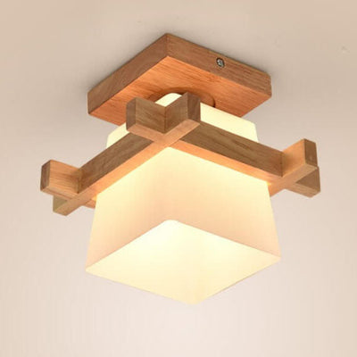 Modern Wooden Square Cube 1-Light Semi-Flush Mount Ceiling Light