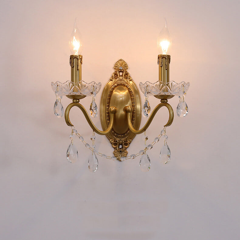 French Vintage Brass Crystal Candle Shade 1/2 Light Wall Sconce