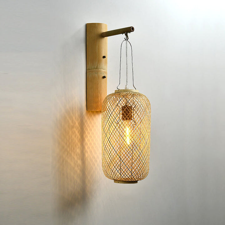 Moderne Bambusgeflecht-Säulenlaterne 1-Licht Wandleuchte 