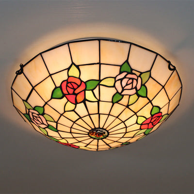 Vintage Tiffany Rose Glass 3-Light Flush Mount Ceiling Light