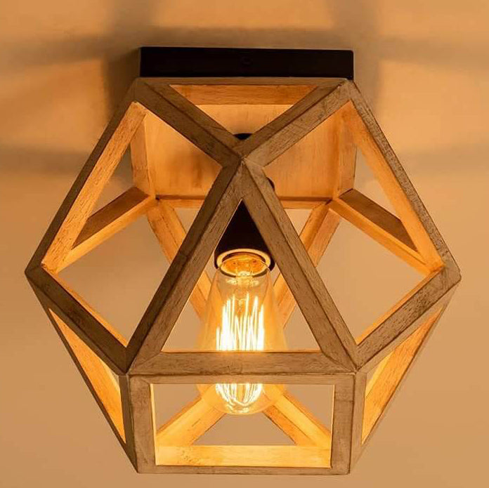 Lámpara de techo semiempotrada de 1 luz con jaula de madera envejecida vintage 