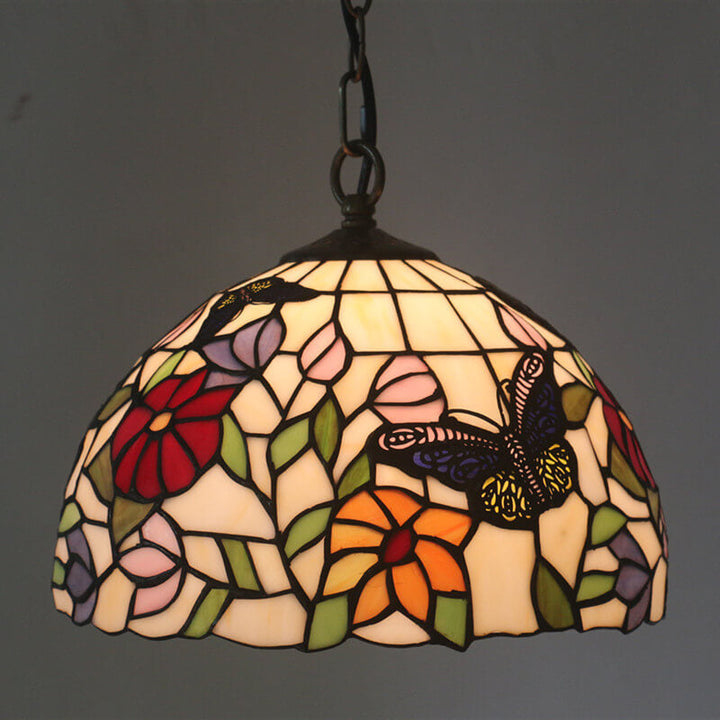 Tiffany Europäischer Schmetterling Blumen Buntglas Pendelleuchte 