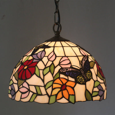Tiffany European Butterfly Flower Stained Glass Pendant Light
