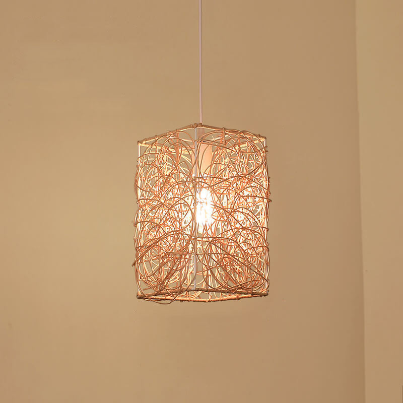 Vintage Rattan Weaving Square Shape 1-Light Pendant Light