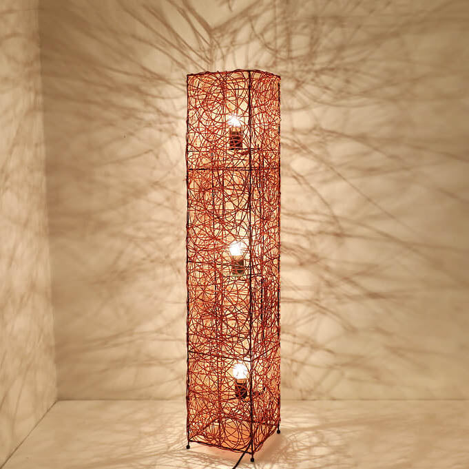 Modern Minimalist Iron Rattan Weaving Column Shaped 3-Light Standing Floor Lamp For Living Room &amp; Bedroom