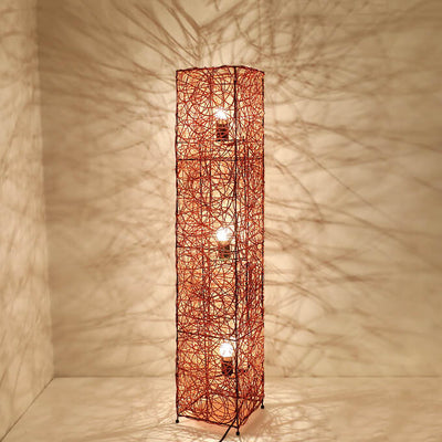 Minimalist Rattan Weaving Column Shaped 3-Light Standing Floor Lamp
