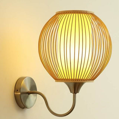 Bamboo Weaving Globe Shade Metal Curved Arm 1-Light Wall Sconce Lamp